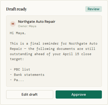 Draft ready card showing an accounting client follow-up email prepared for review.