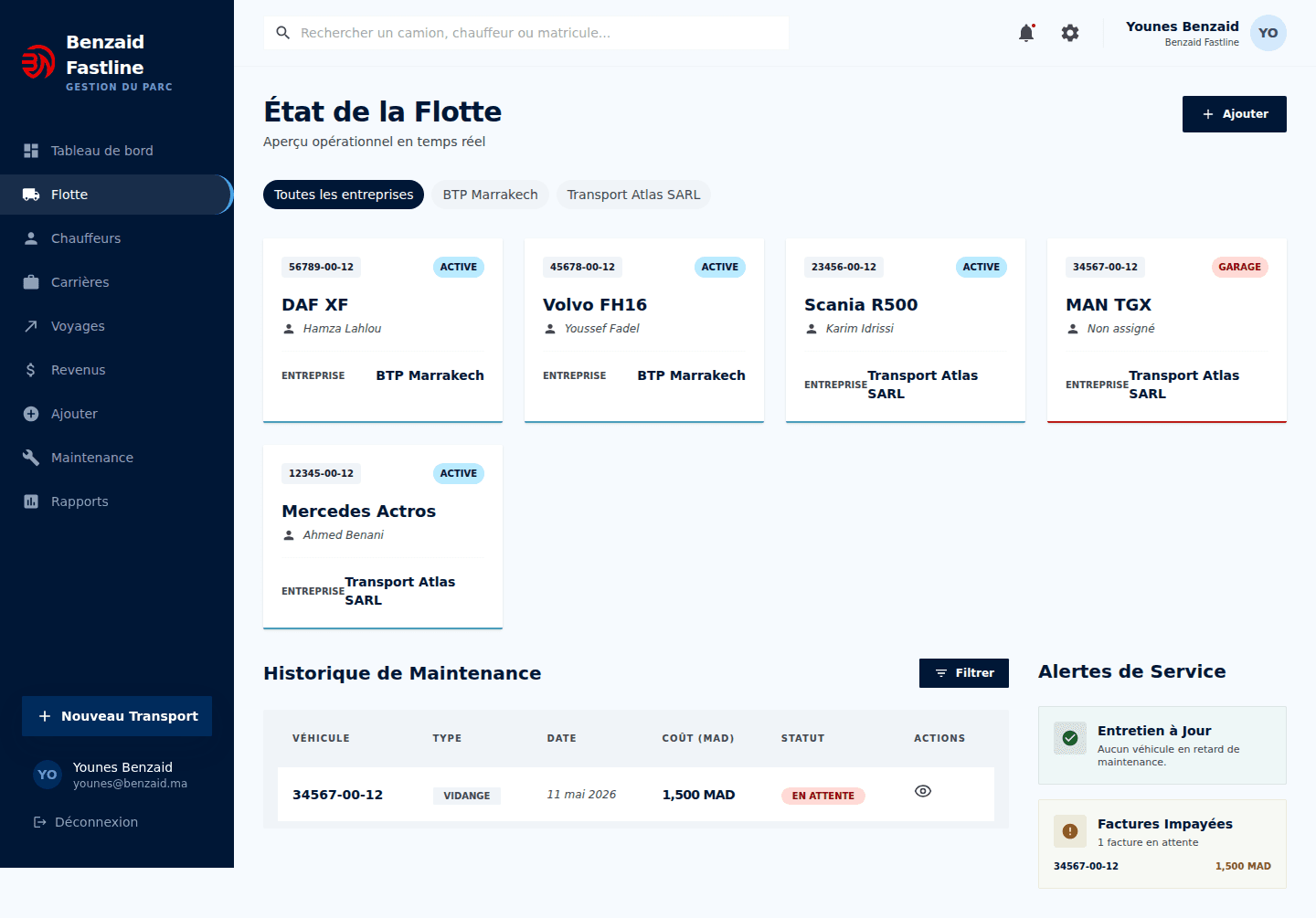 Fleet management table for vehicle records, maintenance visibility, and operating status.