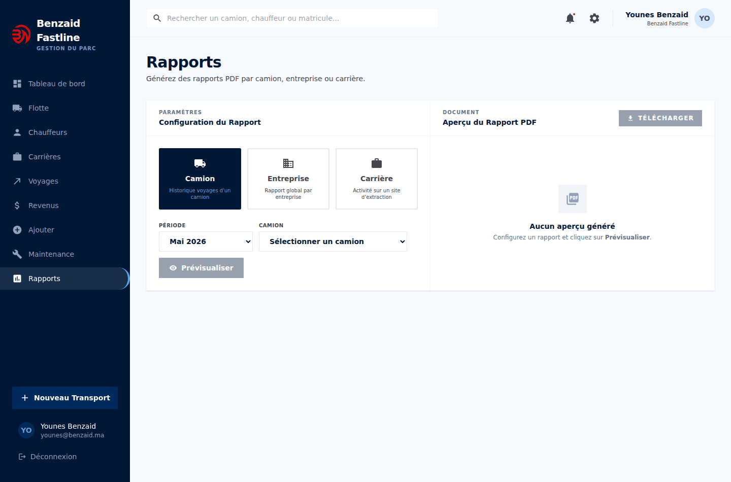 Reports screen with operational metrics for logistics and fleet management.